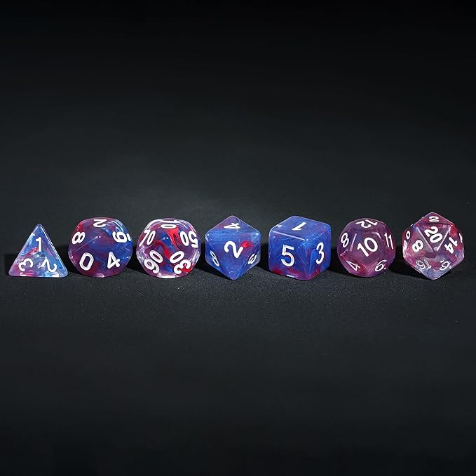 7-Die DND Dice Set Polyhedral Dice Set with a Leather Dice Bag, D&D Dice Set for Dungeons and Dragons, RPG Table Games (Transparent Blue Mix Red)