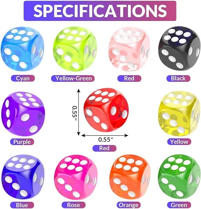 110 Pieces Dice Set, Colored Game Bulk Dices, Colorful Dices, 6 Sided Dice for Classroom Teaching, Board Game, Playing, Rolling, Small Six Sided 11 Color Red, Yellow, Blue, Green and More