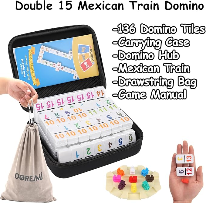 Mexican Train Dominoes Double 15 Set | 136 Colored Number Tiles with Lightweight EVA Case | Family & Adult Strategy Board Game for Travel