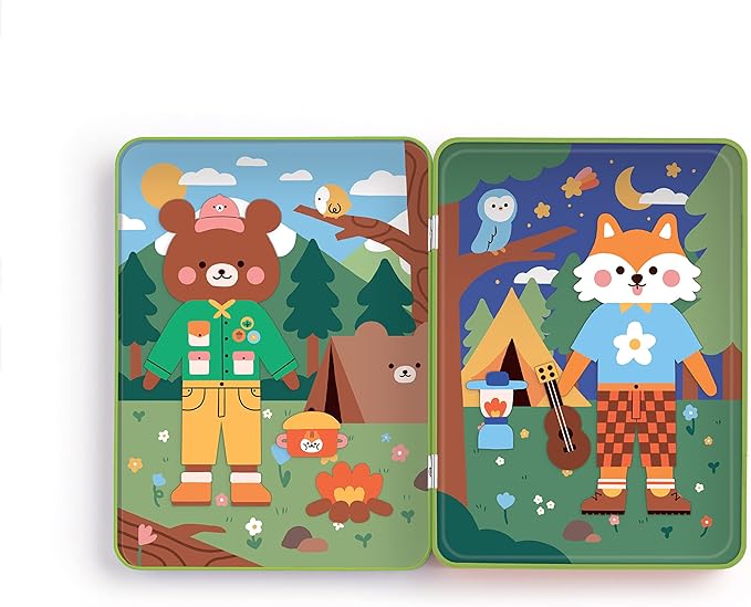 Mudpuppy Happy Camper – Magnetic Build-It Travel Friendly Game with Illustrated Forest Background Scenes Including 2 Furry Characters and Over 40 Mix and Match Magnets for Children Ages 4 and Up