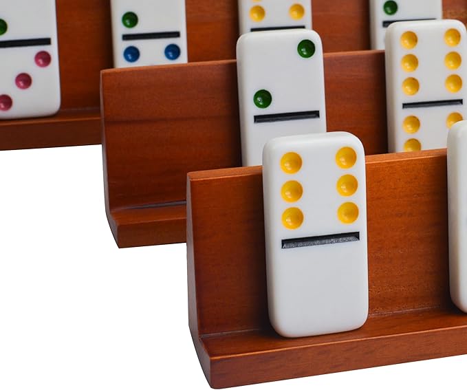 Wooden Domino Holders Set of 4 Wooden Domino Racks for Mexican Train Dominoes Accessories Domino Stand for Domino Tiles, Mexican Train, Mahjong, Chicken Foot and Other Domino Games(1 Row Dark Red)