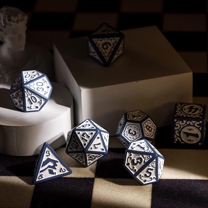 7-Die DND Dice Set New Pattern Polyhedral Dice Set with Leather Bag D&D Dice Set for Dungeons and Dragons RPG MTG Table Games(Blue White)