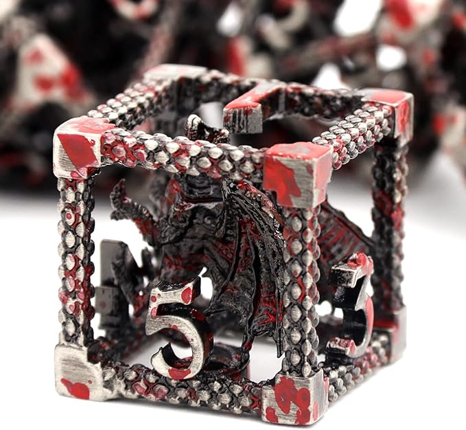 D&D Dice, Dungeons and Dragons Dice HNCCESG Metal Dice Set Polyhedral Hollow Role Playing for RPG MTG Table Board Games (Dragon Silver Blood Spot)