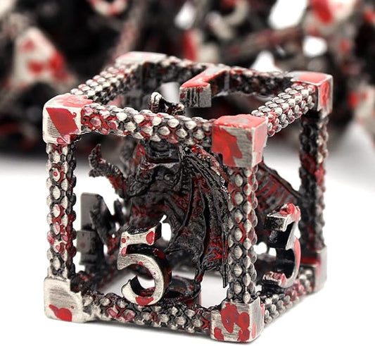 D&D Dice, Dungeons and Dragons Dice HNCCESG Metal Dice Set Polyhedral Hollow Role Playing for RPG MTG Table Board Games (Dragon Silver Blood Spot)