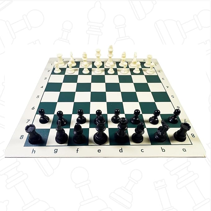Tournament Chess Set: Portable Plastic Tube Roll, Foldable Vinyl Chess Board (Green, 16X16IN, 2 Players, All Ages)
