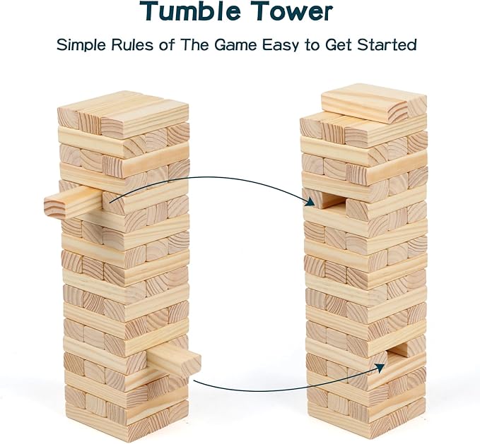 54PCS Classic Block Stacking Board Game Wooden Blocks Stacking Games for Kids and Families Tumbling Tower Blocks Game for Kids and Adults with Storage Bag