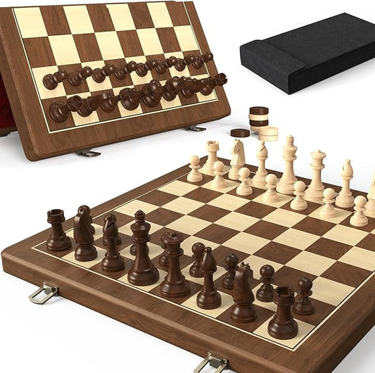 Premium Natural Walnut 15" Magnetic Wooden Folding Chess & Checkers Set- 2 in 1 Board Game with 3" King Staunton Pieces and 2 Extra Queens, Checkers, and Dust-Proof Storage Bag (Red)