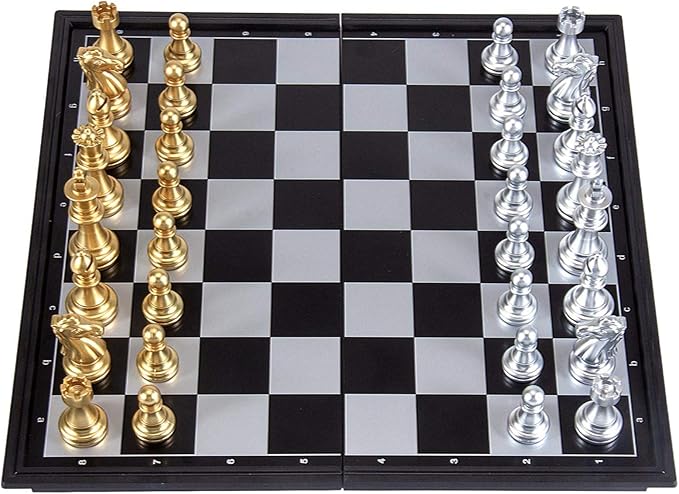 AMEROUS 10'' Magetic Travel Chess Set, Plastic Portable Folding Chess Board Game with Gold and Silver Chess Pieces - 2 Extra Queens - Chess for Beginner, Kids, Adults