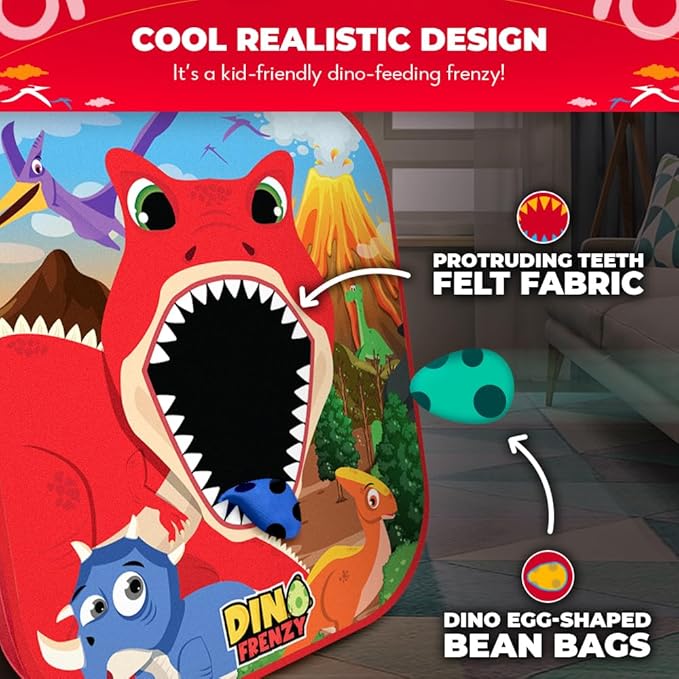 SWOOC Games - Dino Frenzy™ | 2-in-1 Corn Hole Games for Kids | 5-Second Setup | Dinosaur Bean Bag Toss Game for Kids | Kid Cornhole Game Set | Toddler Party Activity | Outside Bean Bags Kid Tossing