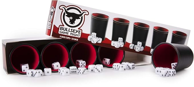 5 Leather Dice Cups and 25 Bullseye Dice by Bullseye Game Night | Classic Dice for Farkle, Liar's Dice, Bunco | Black and Red