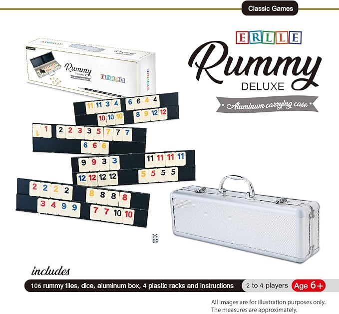 ERLLE - 106 Rummy Tiles Game Set with Aluminum Case. Deluxe Rummy Cube Game for Adults & Families, Includes 4 Anti-Skid Racks, Dice. Travel Board Game for 2-4 Players, Colorful Melamine Tiles.