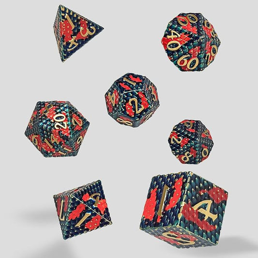 Metal DND Dice Set,Colorful Dragon Scales DND Dice 7-pcs Metal Polyhedral Dice Set for Dungeons and Dragons RPG MTG Table Games