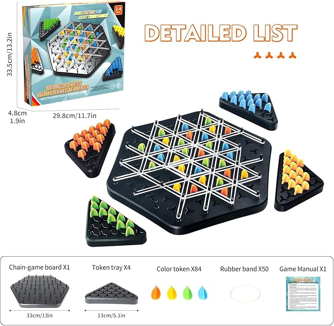 Chain Triangle Chess Game, Triggle Rubber Band Game, Triangle Chain Chess Game Set, Strategy Board Games, Famliy Night Games for Kids and Adults, 2 to 4 Players