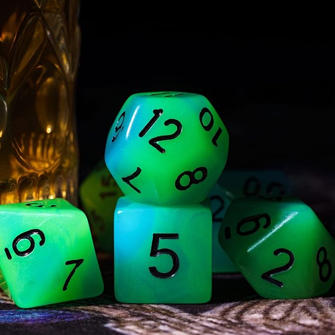 Glow in The Dark DND Dice, 7Pcs Luminous Polyhedral Dice Set with Leather Dice Bag, Glowing D&D Dice for Dungeons and Dragons, RPG, MTG Table Games(Green Blue)