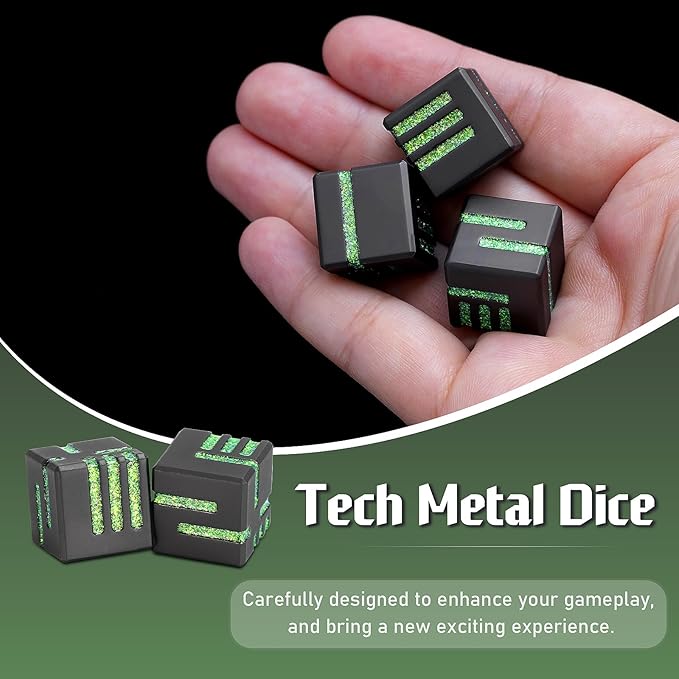 D6 Metal Dice, 16mm 6 Sided Dice Set, ZHOORQI 6Pcs/Set Tech-Themed New Concept Glittery Lines D6 Dice for DND, Tabletop RPGs Gifts（D6-Glitter Green）