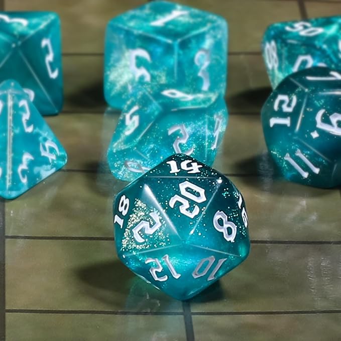 CiaraQ DND Polyhedral Dice Set for Dungeons and Dragons RPG MTG Role Playing Table Games-with 1 Dice Pouch (Aquamarine + Glitter)