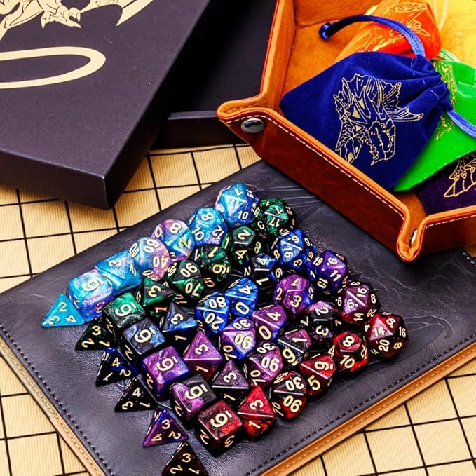 DND Dice Set 42 Pcs Polyhedral Dungeons and Dragons Rolling Dice for D&D RPG MTG Table Games Dice Bulk with Colorful Drawstring Bags and Dice Tray (Star-Tray)