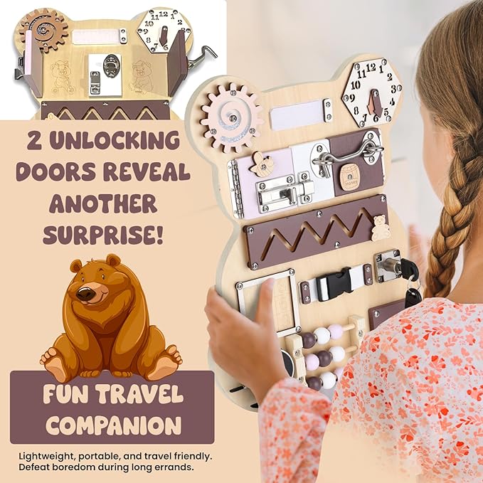 Busy Board Bear for Toddlers 1-3, Montessori Sensory Board - Busy Boards, Montessori Toys for Kid’s Development with 11 Activities: Numbers, Keys, Locks, Latches, Zipper, and Velcro