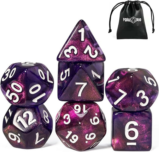 7-Die DND Dice Set Polyhedral Dice Set with a Leather Bag, D&D Dice Set for Dungeons and Dragons, RPG, MTG Table Games (T/Purple)