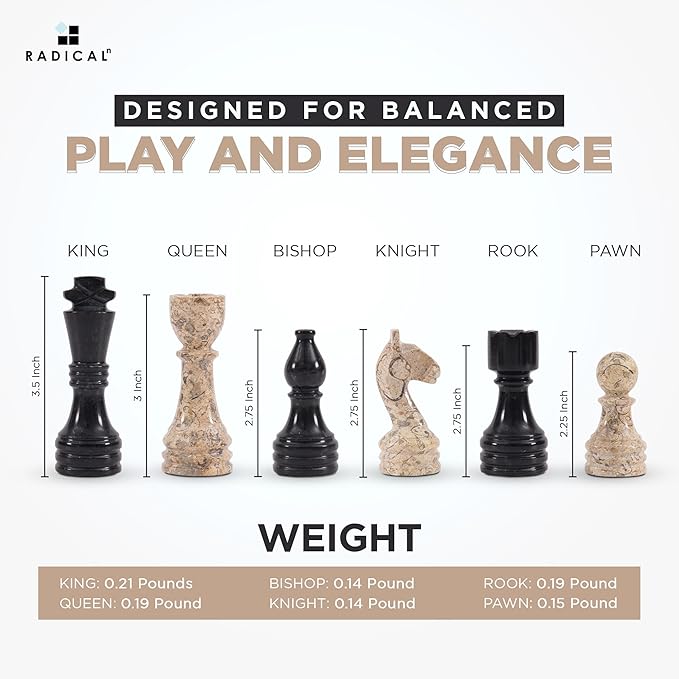 Radicaln Marble Chess Pieces Black and Coral 3.5 Inch King Figures Handmade 32 Chess Figures - Suitable for 16-20 Inch Chess Game - Board Games