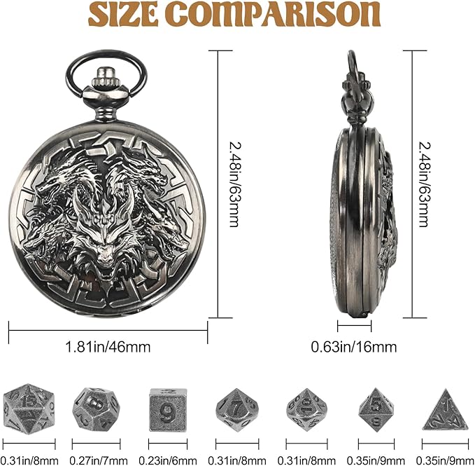 D&D Dice Set,7PCS Metal Dice for Dungeons and Dragons,Mini Dice Set with Pocket Watch Case,Role Playing Board Games Accessories (Dragon, Ancient Silver)