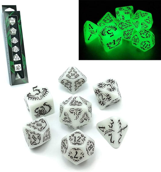 BESCON Dark Elves Glowing Dice Set (7 Piece), Oversized Glow in Dark Carved Role Playing Games RPG Dice Set