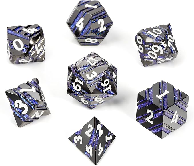 Dice Set D&D,DNDND Metallic Stripes Dice with Gift Case for Dungeons and Dragons DND (Nickel-Plated with Blue Stripes)