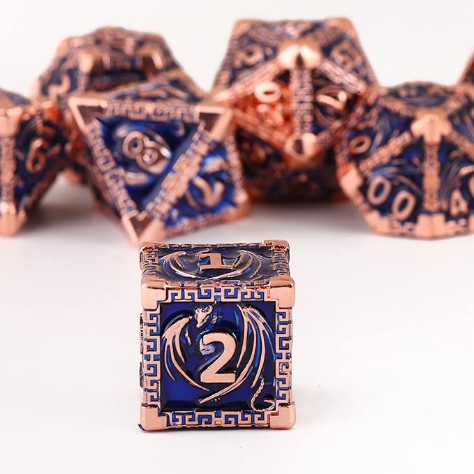 DND Dice Metal Dragon Set,Unique Dragon Design Dice with Gift Dice Bag for Dungeons & Dragon Games,Magic The Gathering,D and D D&D Dice Set (Copper Blue)