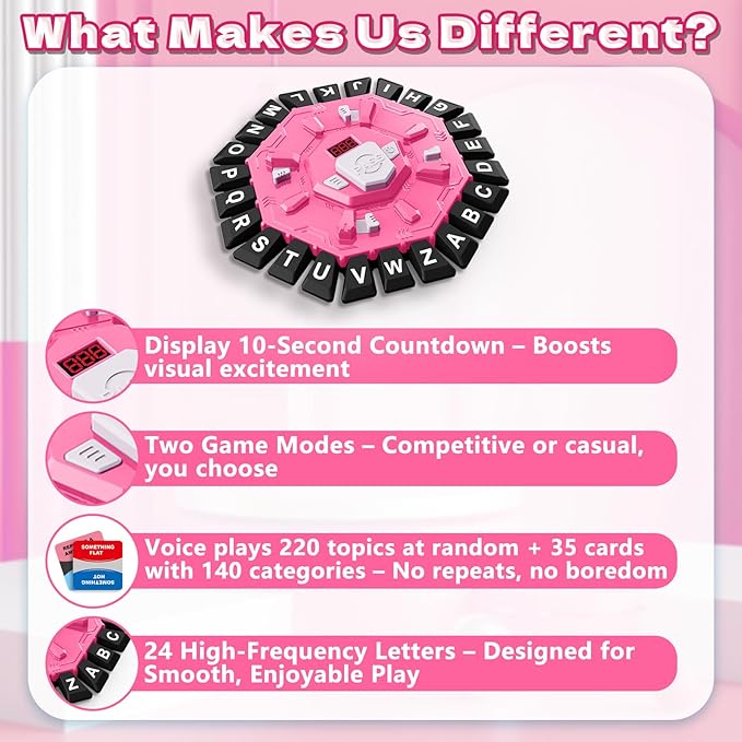 Word Game Family Board Game with Digital Display Timer, 2 Modes, 35 Double-Sided Cards, Fun Fast-Paced 24-Letter Game for Learning Party Interactive, 2+ Players, Ages 3 & Up (Pink)