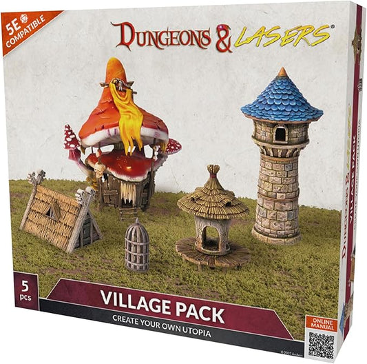 Dungeons & Lasers: Village Pack Expansion Set - 5 Piece Terrain Pack - RPG Terrain for DND and 5E Compatible Tabletop Games - Unpainted and Unassembled - Ages 14+