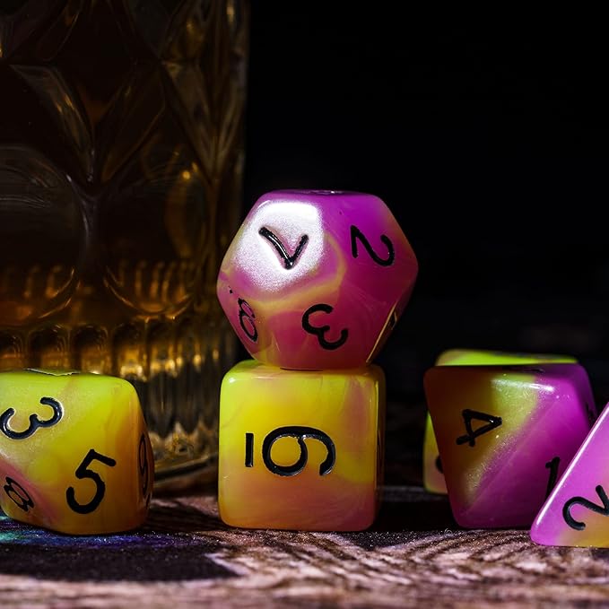 Glow in The Dark DND Dice, 7Pcs Luminous Polyhedral Dice Set with Leather Dice Bag, Glowing D&D Dice for Dungeons and Dragons, RPG, MTG Table Games(Purple Yellow)
