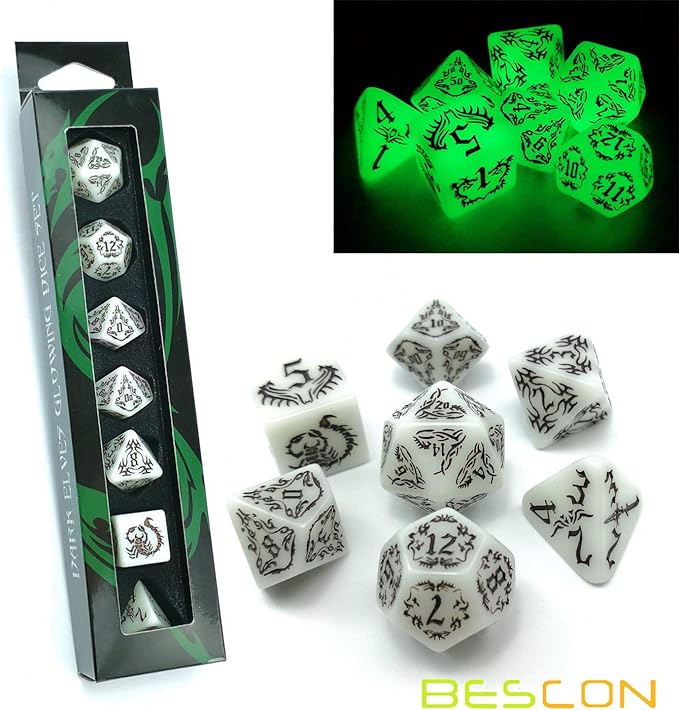 BESCON Dark Elves Glowing Dice Set (7 Piece), Oversized Glow in Dark Carved Role Playing Games RPG Dice Set
