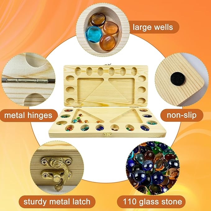 4-Player Mancala Board Game, Foldable Solid Wood with 110 Multi-Coloured Glass Beads, Instruction Manual, Non-Slip Mat,Suitable for Family Party Travelling Adults Puzzle Interactive Game.