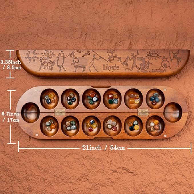 Deluxe Mancala Board Game Set - Real Wood Hinged Folding Board with 48 Mixed Natural Gemstones, Authentic African Petroglyphs, Foldable Design for 2-Player Strategy Game, Portable Game