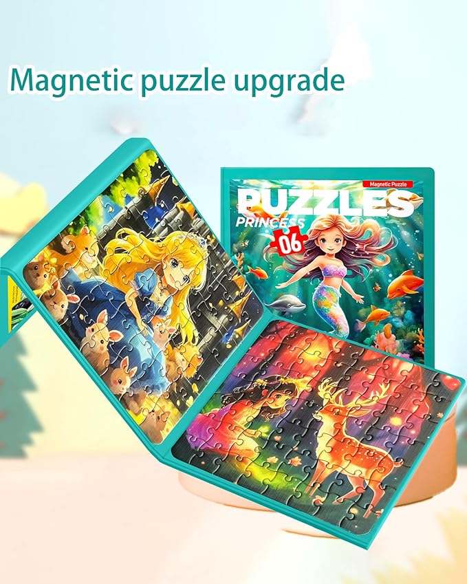 Magnetic Puzzles for Toddlers 4-6 Girls, Mermaid Princess Travel Puzzles for Kids Ages 3-5, 3 in 1 Dinosaurs Magnet Jigsaw Puzzle Book, Preschool Learning Toy for Kids 4-8 Year (Princess)