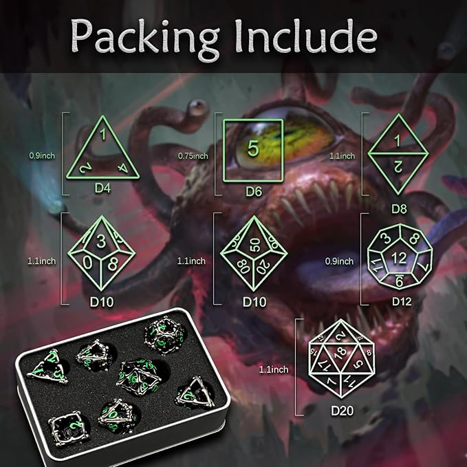 Beholder Dice Set DND, Dragon Eye Dice, ZHOORQI 7PC/Set Polyhedral Dices for Dungeons and Dragons, RPG, Eye Monster D&D Gifts（Eye -Green Number）