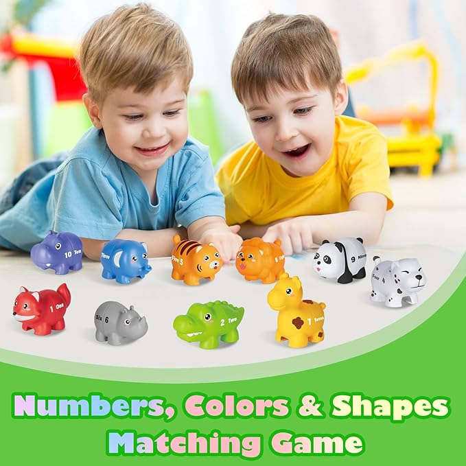 Learning Toys for 2 3 4 Year Old, 20 Pcs Number Matching Game with Digital English, 10 Different Animal Figures, Preschool Activities Montessori Fine Motor Toys for Toddlers Kids
