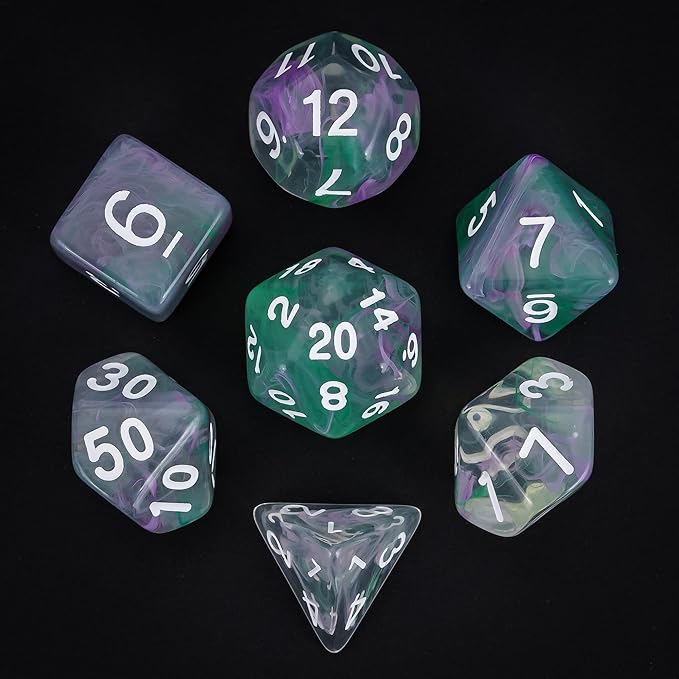 7-Die DND Dice Set Polyhedral Dice Set with a Leather Dice Bag, D&D Dice Set for Dungeons and Dragons, RPG Table Games (Transparent Green Mix Purple)