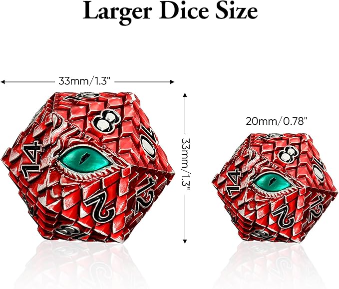Dragon Eye Scale DND Metal Dice,33mm 20 Sided Giant D20, Large Polyhedral Dice, D&D Metal Dice Set for Dungeons and Dragons, RPG, MTG & Tabletop Games(Red with Green Eye)