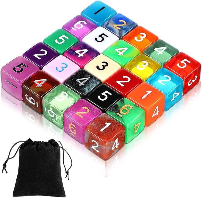 TecUnite 25 Pieces Colored Dice 6 Sided Dice Set, 6 Sided Standard Dices with Black Drawstring Storage Bag for Board Games, Parties, Math Learning, Classroom(Colorful,Number Style)