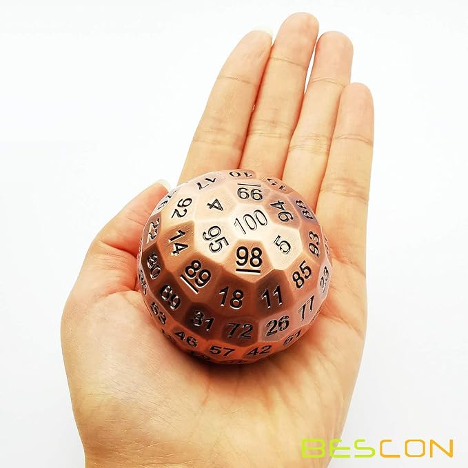 Bescon Solid Metal 100 Sided Dice, Game Dice D100, Giant Polyhedral Metal 100 Sides Dice 50MM in Diameter (1.97in), Ancient Copper