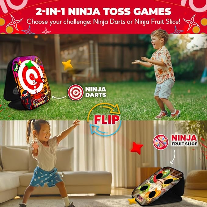 SWOOC Games - Ninja Superstar™ | 2-in-1 Corn Hole Games for Kids | 5-Second Setup | Ninja Toys for Boys | Bean Bag Toss Game for Kids | Cornhole Game Set Outdoor | Outdoor Toys | Throwing Star