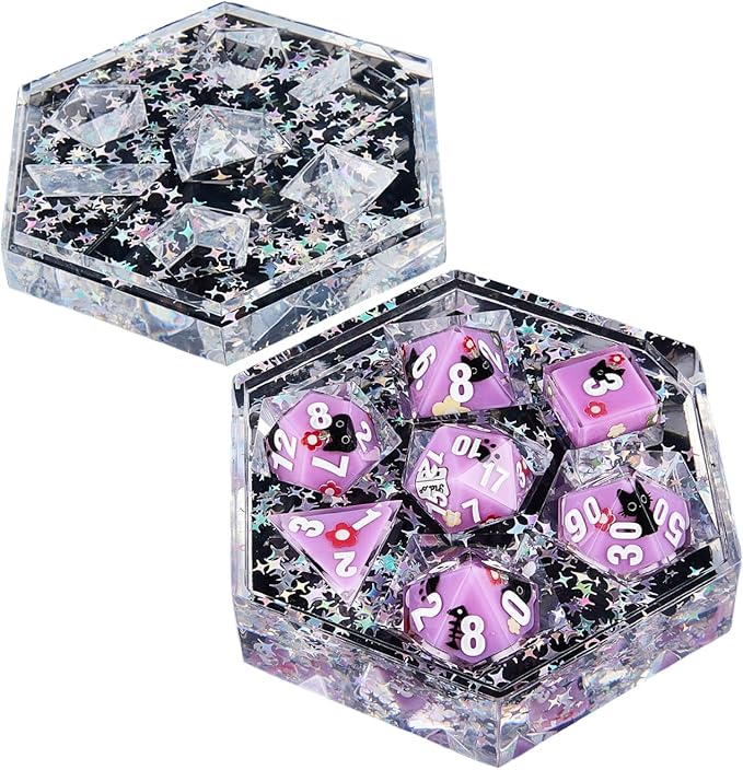 DND Dice Set Polyhedral, IDTQ Dungeons and Dragons Purple Dice Set RPG MTG Table Games 7-Die Resin Sharp with Acrylic Starlight Accent Box (Cat-Purple)