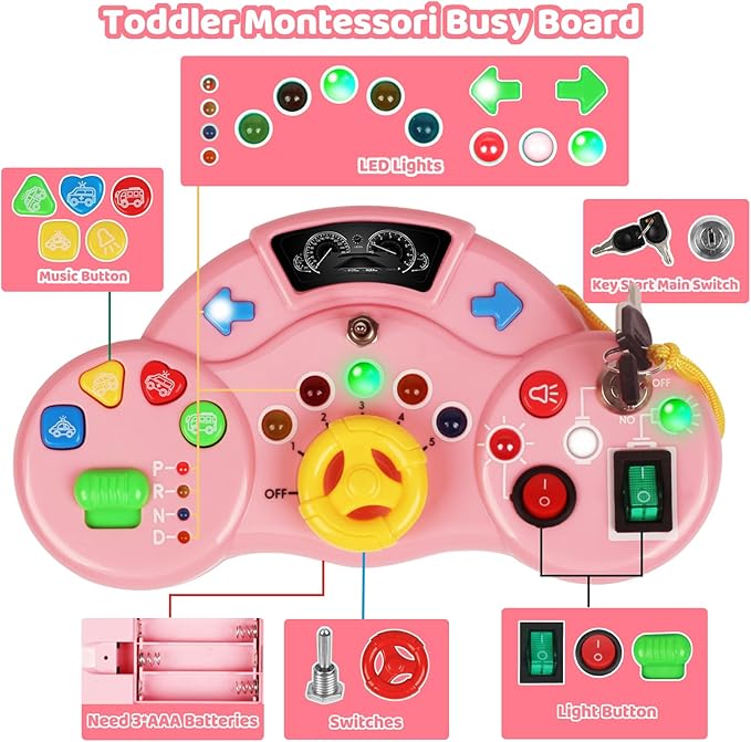 Toddler Busy Board Montessori Toys for 1 2 3 Year Old, Musical LED Light Switch Toys Travel Sensory Learning Toy for Toddlers 1-3,Educational Activities for Kids 2-4 Boy Girl Birthday Gift
