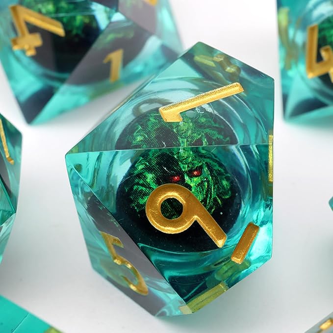 DND Dragon Eye Dice Set 7PCS Handmade Sharp Edge Resin Dice for Dungeons and Dragons Table Games with Gift Case (Rotating Green Eye)