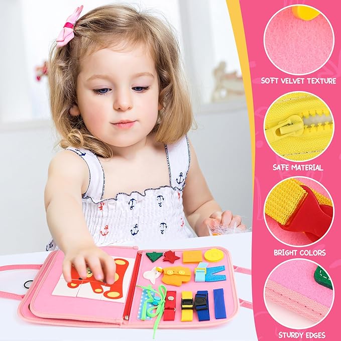 Montessori Busy Board Toys, Sensory Board for Toddlers 1-3, Travel Felt Busy Book for Airplane Car, Activity Busy Mat for Learning Fine Motor Skills Suits Boys Girls Birthday Gifts Pink/P1