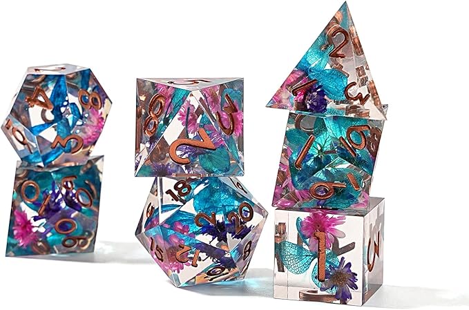 Resin DND Dice Set, Sharp Edge Flower Floral D&D 7-Die for Dungeons and Dragons, Resin Dice D and D, 7PCS Die for RPG Role Playing Games D&D Starter Kit