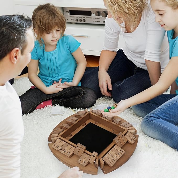 Shut The Box Game for 1-6 Players, Plusvivo Large Round Wooden Board Dice Game with 14 Dice for Adults, 6 Way Clever Math Game for Home Classroom or Pub