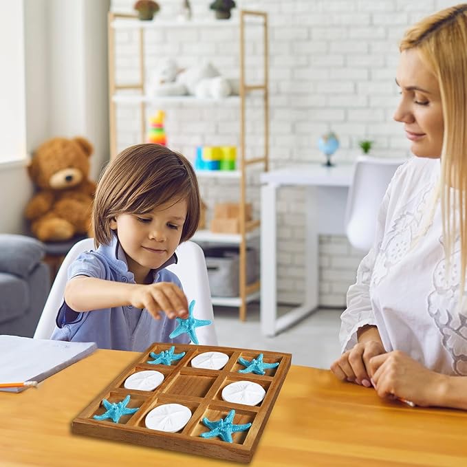 Chunful Beach House Decor Wooden Tic Tac Toe Game with Resin Seashell and Starfish Multilayer Tic Tac Toe Board Fun for Family Travel Beach Game 7.87 x 7.87 x 0.47 Inch (Wood Color)