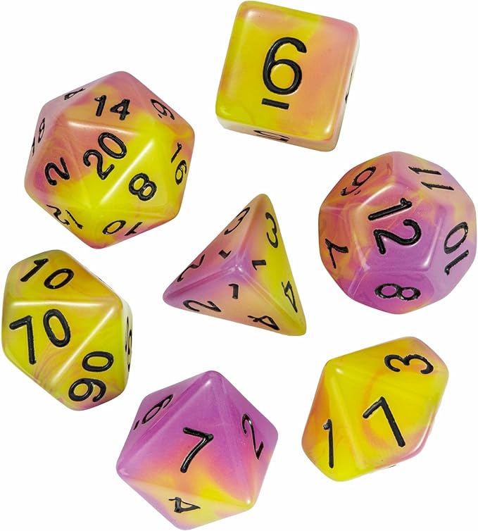 Glow in The Dark DND Dice, 7Pcs Luminous Polyhedral Dice Set with Leather Dice Bag, Glowing D&D Dice for Dungeons and Dragons, RPG, MTG Table Games(Purple Yellow)